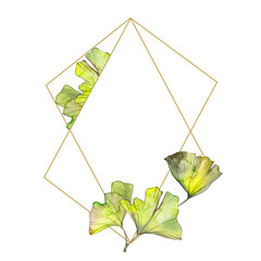 Ginkgo biloba green leaf. Watercolor background illustration set. Frame border ornament square.