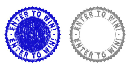 Grunge ENTER TO WIN! stamp seals isolated on a white background. Rosette seals with grunge texture in blue and grey colors. Vector rubber stamp imprint of ENTER TO WIN! caption inside round rosette.