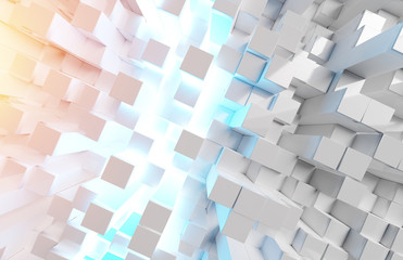 Glowing white and colorful abstract squares background pattern 3D rendering