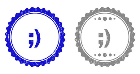 Grunge ;) stamp seals isolated on a white background. Rosette seals with grunge texture in blue and grey colors. Vector rubber stamp imprint of ;) caption inside round rosette.
