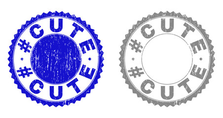 Grunge #CUTE stamp seals isolated on a white background. Rosette seals with grunge texture in blue and grey colors. Vector rubber stamp imitation of #CUTE label inside round rosette.