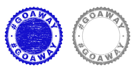 Grunge #GOAWAY stamp seals isolated on a white background. Rosette seals with grunge texture in blue and grey colors. Vector rubber stamp imitation of #GOAWAY caption inside round rosette.