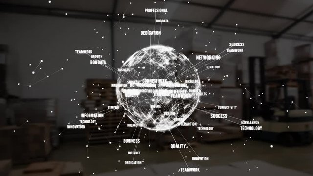 Digital rotating earth with data on a warehouse background