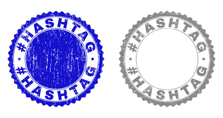 Grunge #HASHTAG stamp seals isolated on a white background. Rosette seals with grunge texture in blue and gray colors. Vector rubber stamp imprint of #HASHTAG label inside round rosette.