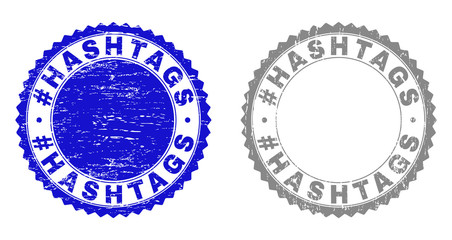 Grunge #HASHTAGS stamp seals isolated on a white background. Rosette seals with grunge texture in blue and gray colors. Vector rubber stamp imitation of #HASHTAGS label inside round rosette.