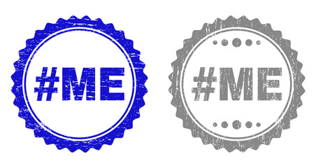Grunge #ME stamp seals isolated on a white background. Rosette seals with grunge texture in blue and grey colors. Vector rubber watermark of #ME title inside round rosette.