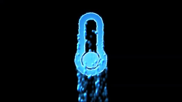 Liquid symbol thermometer empty appears with water droplets. Then dissolves with drops of water. Alpha channel black