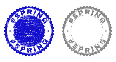 Obraz premium Grunge #SPRING stamp seals isolated on a white background. Rosette seals with grunge texture in blue and gray colors. Vector rubber stamp imitation of #SPRING label inside round rosette.