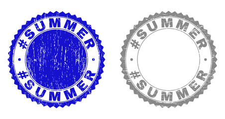 Grunge #SUMMER stamp seals isolated on a white background. Rosette seals with grunge texture in blue and gray colors. Vector rubber stamp imprint of #SUMMER caption inside round rosette.