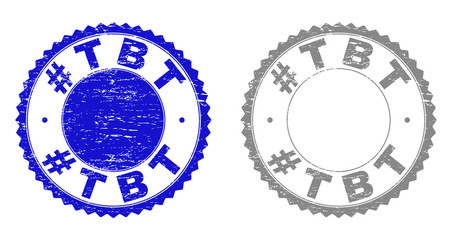 Grunge #TBT stamp seals isolated on a white background. Rosette seals with grunge texture in blue and grey colors. Vector rubber stamp imitation of #TBT title inside round rosette.