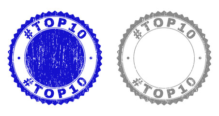 Grunge #TOP10 stamp seals isolated on a white background. Rosette seals with grunge texture in blue and gray colors. Vector rubber overlay of #TOP10 tag inside round rosette.