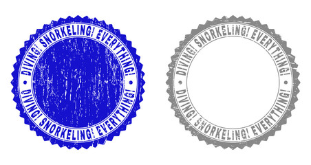 Grunge DIVING! SNORKELING! EVERYTHING! stamp seals isolated on a white background. Rosette seals with distress texture in blue and gray colors.