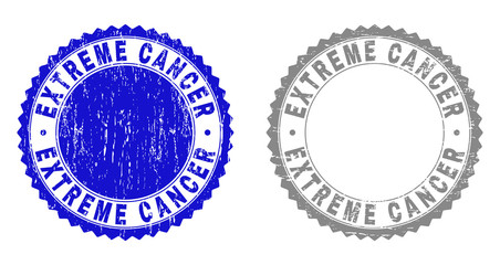 Grunge EXTREME CANCER stamp seals isolated on a white background. Rosette seals with grunge texture in blue and grey colors. Vector rubber stamp imprint of EXTREME CANCER text inside round rosette.