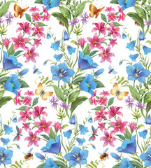 Fototapeta na wymiar Flowers, herbs and insects. Seamless background pattern. Version 1