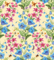 Flowers, herbs and insects. Seamless background pattern. Version 3