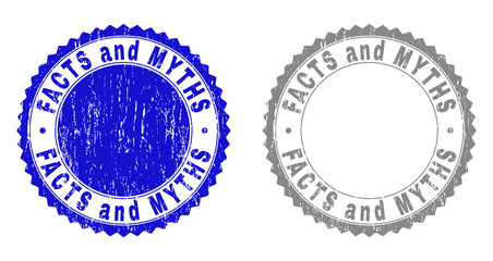 Grunge FACTS AND MYTHS stamp seals isolated on a white background. Rosette seals with distress texture in blue and grey colors.