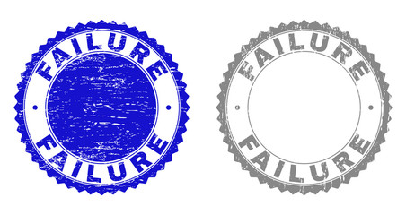 Grunge FAILURE stamp seals isolated on a white background. Rosette seals with grunge texture in blue and gray colors. Vector rubber stamp imprint of FAILURE label inside round rosette.