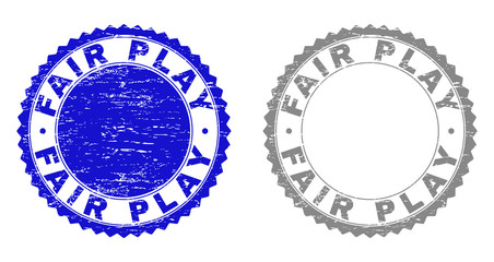 Grunge FAIR PLAY stamp seals isolated on a white background. Rosette seals with grunge texture in blue and gray colors. Vector rubber watermark of FAIR PLAY title inside round rosette.