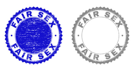 Grunge FAIR SEX stamp seals isolated on a white background. Rosette seals with grunge texture in blue and gray colors. Vector rubber watermark of FAIR SEX text inside round rosette.