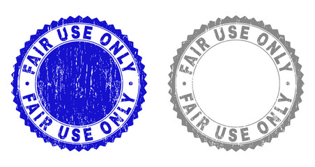 Grunge FAIR USE ONLY stamp seals isolated on a white background. Rosette seals with grunge texture in blue and gray colors. Vector rubber overlay of FAIR USE ONLY label inside round rosette.