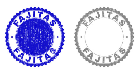 Grunge FAJITAS stamp seals isolated on a white background. Rosette seals with grunge texture in blue and gray colors. Vector rubber stamp imitation of FAJITAS text inside round rosette.