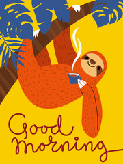 Vector card with sloth and coffee cup © Valentyna