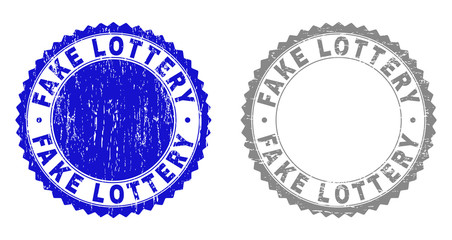 Grunge FAKE LOTTERY stamp seals isolated on a white background. Rosette seals with grunge texture in blue and gray colors. Vector rubber stamp imprint of FAKE LOTTERY caption inside round rosette.