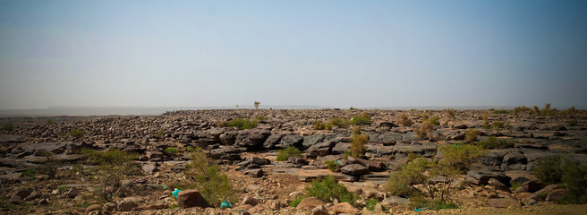 Panorama with Adrar mountain near Terjit, rocks and gorge, Mauritania