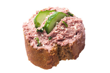 Sandwiches with chicken pate and cucumber isolated on white.