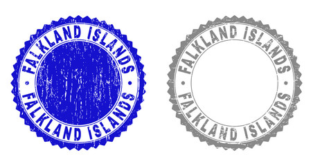 Grunge FALKLAND ISLANDS stamp seals isolated on a white background. Rosette seals with distress texture in blue and gray colors. Vector rubber watermark of FALKLAND ISLANDS label inside round rosette.