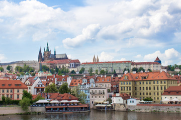 View of Prague and Prague Castle from Charles Bridge. Vltava River. Architecture of Prague old town