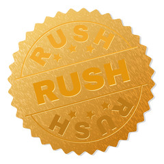 RUSH gold stamp seal. Vector gold medal with RUSH text. Text labels are placed between parallel lines and on circle. Golden area has metallic texture.