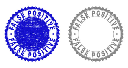 Grunge FALSE POSITIVE stamp seals isolated on a white background. Rosette seals with grunge texture in blue and gray colors. Vector rubber overlay of FALSE POSITIVE text inside round rosette.