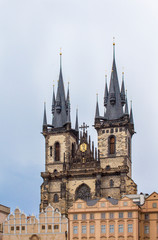 Fototapeta na wymiar Tyn Church in Prague. Church of the Virgin Mary in front of Tyn on Old Town Square. Architecture of Prague old town