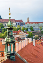Obraz premium Tower of the Cathedral of St. Nicholas in Prague. Architecture of Prague old town