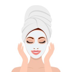 Woman with a cosmetic face mask. Smiling girl portrait. SPA beauty and health concept. Skin care . Relaxation Vector illustration in flat style