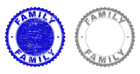 Grunge FAMILY stamp seals isolated on a white background. Rosette seals with grunge texture in blue and gray colors. Vector rubber stamp imprint of FAMILY label inside round rosette.