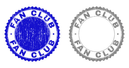 Grunge FAN CLUB stamp seals isolated on a white background. Rosette seals with distress texture in blue and gray colors. Vector rubber stamp imprint of FAN CLUB label inside round rosette.