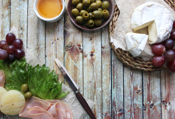 cheese plate. breakfast. table setting. Flat lay concept.