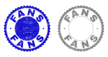 Grunge FANS stamp seals isolated on a white background. Rosette seals with grunge texture in blue and gray colors. Vector rubber stamp imprint of FANS label inside round rosette.