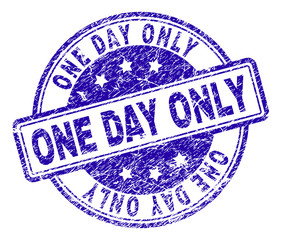 ONE DAY ONLY stamp seal imprint with grunge texture. Designed with rounded rectangles and circles. Blue vector rubber print of ONE DAY ONLY text with grunge texture.