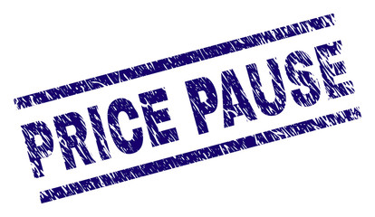 PRICE PAUSE seal print with distress style. Blue vector rubber print of PRICE PAUSE tag with dirty texture. Text tag is placed between parallel lines.