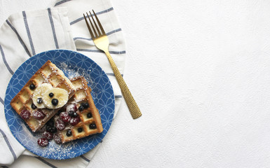 Belgian waffles. Great breakfast. Table setting. Flat lay concept.