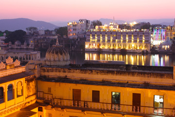 View on the Udaipur lake on the night, Udajpur, India. Rajasthan