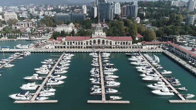 Aerial view of Sochi. Seaport in city center.