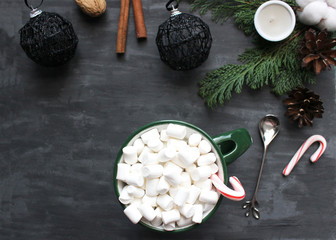 Winter hot drink. Christmas time. Cacao, marshmallow, candy. Flat lay concept.