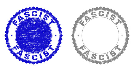 Grunge FASCIST stamp seals isolated on a white background. Rosette seals with grunge texture in blue and gray colors. Vector rubber overlay of FASCIST text inside round rosette.