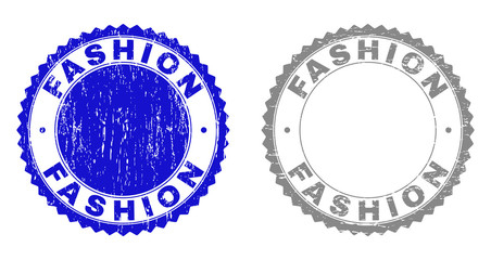 Grunge FASHION stamp seals isolated on a white background. Rosette seals with grunge texture in blue and grey colors. Vector rubber stamp imitation of FASHION caption inside round rosette.