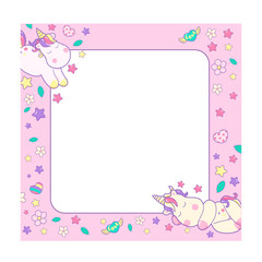 Cute unicorns and different magic elements and pink pastel background design