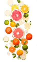 Fototapeta na wymiar Citrus background. Fresh citrus fruits - Lemons, oranges, limes, grapefruits on the white background